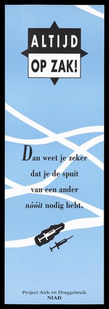 A black and a white syringe against a background of swirling white lines representing an advertisement for Project 'AIDS en Druggebruik' and the AIDS Information line in the Netherlands; advertisement by the N.I.A.D [Nederlands Instituut voor Alcohol en Drugs]. Colour lithograph.