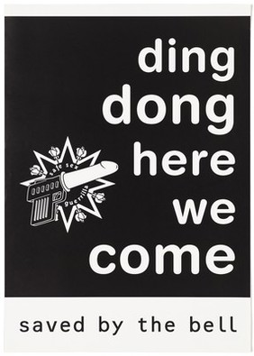 A gun shooting a condom amidst an explosion made of a star bearing white roses and the letters 'safe sex guerilla'; advertisement for safe sex to protect against AIDS by the Safe Sex Guerrilla's. Lithograph.