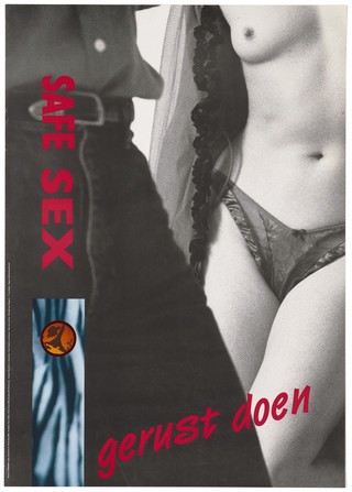 The torso of a semi-naked woman in sexy lingerie standing before a man in jeans representing an advertisement for safe sex by the SOA Stichting, Utrecht. Colour lithograph by Frederice van Faassen.