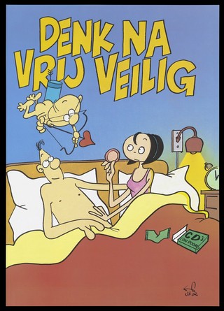 Recto: a woman holds up a condom to a man in bed as cupid aims to shoot a heart arrow towards them; verso: numerous cupids with condoms attached to his arrow with four cartoon vignettes and text relating to safe sex, STI's and condoms; an advertisement by SOA Stichting. Colour lithograph by Gerrit de Jager, January 1992.
