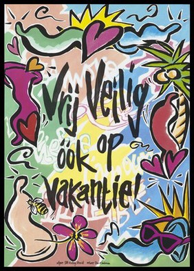 Safe sex on holiday advertisement with hearts, condoms, a bee, a flower and a pair of sunglasses surrounding the black graphics 'Vrij Veilig óók op vakantie!' ; advertisement by SOA Stichting, Utrecht. Colour lithograph designed by Dian Klanderman.