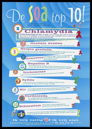 A list of the top ten sexually transmitted diseases by the Stichting SOA. Colour lithograph.