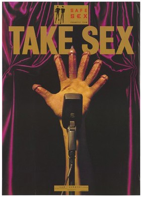 A hand behind a microphone with erect penises as fingers, the central finger wearing a condom; advertising safe sex for lesbians and homosexuals. Colour lithograph for the SAD Schorer Stichting.