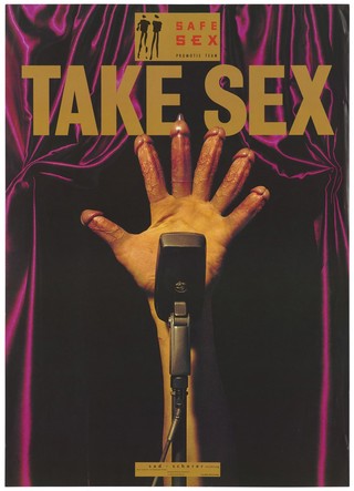 A hand behind a microphone with erect penises as fingers, the central finger wearing a condom; advertising safe sex for lesbians and homosexuals. Colour lithograph for the SAD Schorer Stichting.