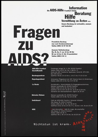 Services provided by AIDS-Hilfe Frankfurt. Colour lithograph, 199-.