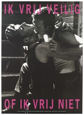 A man holding a condom embraces another on some steps with the message "I have safe sex or no sex"; an advertisement for safe sex by the Projectgroep Publiekscampagne AIDS/SOA. Colour lithograph.