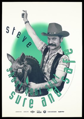 Steve, a man in a leather waist coat, hat and check shirt, sits on a metal horse with one arm in the air as if a cowboy; advertising safe sex. Colour lithograph by J. Gort for SAD Schorerstichting.