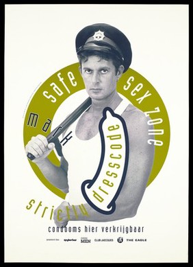 Mark, a man in a white vest with a policeman's hat and a truncheon over his shoulder; advertising safe sex. Colour lithograph by Jan Gort for the SAD Schorerstichting.