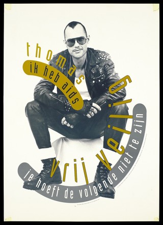 Thomas, a man wearing studded leather with glasses and boots declares he has AIDS; advertising safe sex. Colour lithograph by Jan Gort for the SAD Schorerstichting.