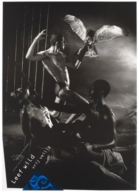 An eagle perches on the end of a man's hand with two further semi-naked men in the foreground with the message 'Wild living. Safe sex'; advertising the AIDS Information Line in Amsterdam. Colour lithograph by Hans Verschuuren for the Stuurgroep AIDSpreventie Homo's and Buro GVO Amsterdam, 1991.