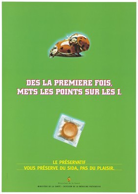 Two ladybirds copulating (above) and a condom (below), with the message that the condom preserves from AIDS and not from pleasure. Colour lithograph by Comed for the Ministère de la Santé, Division de la Médicine Préventive, Luxembourg.