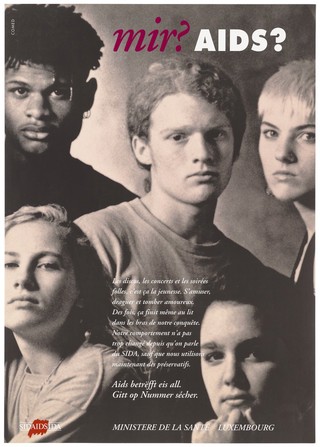 A young man at the centre with three women and a black man surrounding him with the question: 'Me, AIDS?' in German and that 'AIDS affects us all' bottom; with a message below in French about how these youths have not changed their social lifestyles since talking about AIDS, they just use condoms now; an advertisement for safe sex by the Ministère de la Santé. Colour lithograph.