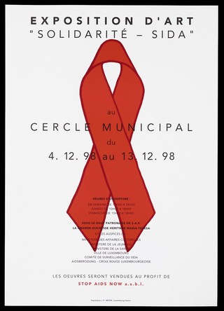 A painted AIDS red ribbon advertising an art exhibition "Solidarité - SIDA" in Luxembourg. Colour lithograph, 1998.