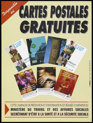 Seven free postcards with safe-sex advice available from the Ministére du Travail et des Affaires Sociales Sécrétariat d'État à la Santé et à la Sécurité Sociale. Colour lithograph.