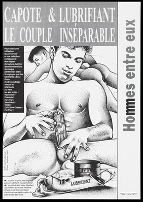 A gay man applying lubricant to a condom with a tube of lubricant and jar of gel before him and a naked man lying on a bed beyond; advertisement for safe sex by the Agence Français de Lutte Contre le SIDA. Lithograph by Stéphanie Dupré.