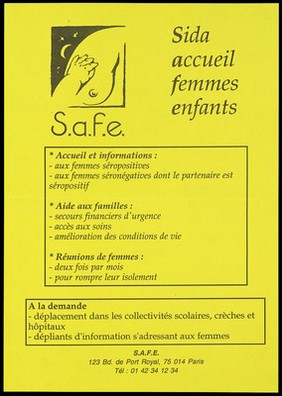 A child's hand on a woman's breast with information AIDS for women and children by S.A.F.E. Photocopy.