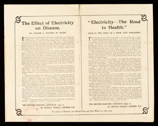International exhibition of artistic furniture and home decorations, food, health and pharmacy 1907 : Crystal Palace, London : diploma for Grand-Prix with gold medal awarded to "Ajax" dry-cell (section speciale de medecine) for electric-system...  / British Electric System.