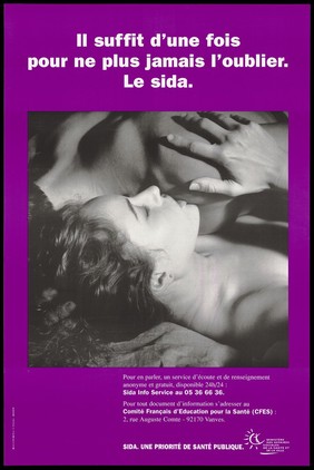 A woman touches the shoulder of a man lying next to her with the warning in French: "Just once and never forget. AIDS"; a public health advertisement by Ministére des Affaires Sociales de la Santé et de la Ville. Colour lithograph by G. Philipidhis, 1995 [?].