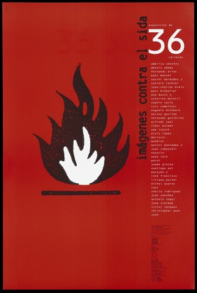 Black and white flames against a red background with a list of names representing an advertisement for 'exposicion de 36', a fair showing an exhibition of AIDS posters by Artis Association . Colour lithograph.