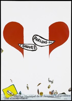 A red heart broken in two with two speech bubbles: "l'amour?" and "Parlons-en!" with scattered fragments of random images below including a mouth and a man holding a gun; a reminder for the young to talk about love [to prevent the spread of AIDS] by the Office Municipal de la Jeunesse Aubervilliers. Colour lithograph, 1993.