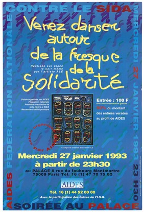 A block of graphic faces by the artist Âlé with details of an evening event organised by AIDES, Fédération nationale contre le SIDA on Wednesday 27 January 1993. Colour lithograph.