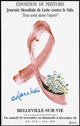 The AIDS ribbon painted in red with multi-coloured bubbles at the end representing an advertisement for an exhibition of paintings in aid of World AIDS Day on Saturday 30 November to Sunday 8 December 1996. Colour lithograph by Chann [?] Mali.