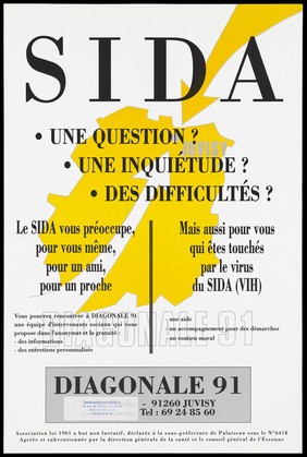 An angular map of France in yellow with two arrows joining in the middle and the words "SIDA. Une question? Une inquiétude? Des difficultés?" representing an advertisement by the Association Diagonale 91. Colour lithograph.