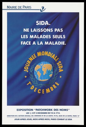 The World AIDS Day logo in patchwork representing an advertisement for an exhibition of "Patchwork des noms" [The names project quilt] on 1 to 3 December at the Direction de L'Action Sociale, Paris; advertisement by Mairie de Paris . Colour lithograph.