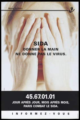 A woman covers her face with her hands with the message: "AIDS: take the hand; don't take the virus"; an advertisement by Mairie de Paris. Colour lithograph.