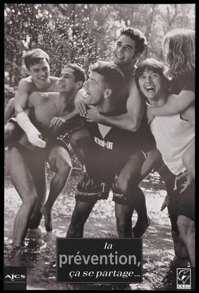 A group of gay men and lesbians frolicking in water representing an advertisement for AIDS prevention by AJCS (Association des Jeunes contre le SIDA) and the S.N.E.G. [Syndicat National des Entreprise Gay]. Lithograph.