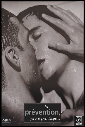 Two men kissing with water running down their faces representing an advertisement for AIDS prevention by AJCS (Association des Jeunes contre le SIDA) and the S.N.E.G. [Syndicat National des Entreprise Gay]. Lithograph.