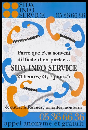 Numerous telephone cords linking blue and yellow telephone receivers representing an advertisement for the SIDA Info Service. Colour lithograph.