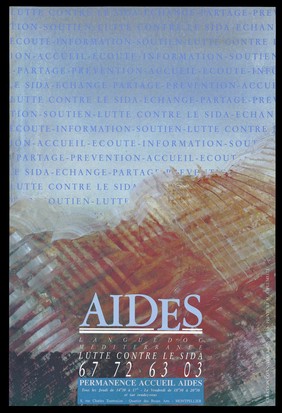 A red and white criss-crossed painting by M.A. Plumelle with the words 'Lutte contre le SIDA - echange - partage - accueil - ecoute - information - soutien' repeated in blue lettering at the top; advertisement for AIDES, the support group for those with HIV/AIDS. Colour lithograph.