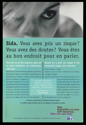 The eyes of a woman with a block of text about AIDS and the question: "Have you taken risks? ..."; a safe sex advertisement for the SIDA Info Service by the CFES (Comité Français d'Education pour la Santé). Colour lithograph.