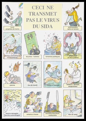 Safe activities in which the AIDS virus is not transmitted including top left shaking hands to blood donation bottom right with subtitles to diagrams in French; advertisement by CRAM, [La Caisse Régionale d'assurance Maladie de Bourgogne Franche-Comté]. Colour lithograph.