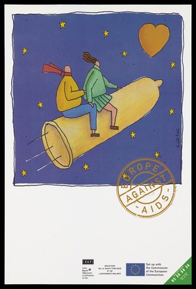 Two people sit astride a yellow condom rocketing into the night sky littered with stars and a heart with the stamp 'Europe against AIDS'; an advertisement by CRIPS (Centre régional d'information et de prévention du SIDA). Colour lithograph.