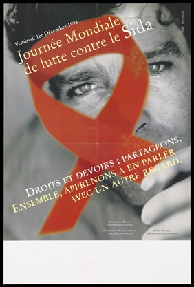 A man peers through the AIDS red ribbon representing an advertisement for World AIDS Day, Thursday 1st December1995. Colour lithograph by Collège Créatif and Denis Félix.