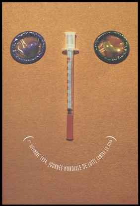 A face made up of two coloured condoms as eyes, a syringe as a nose and the words in French: "1st December 1994 World AIDS Day" in the curved shape of a mouth; an advertisement by Stell and Ryck & Lola. Colour lithograph by S. Senta Loys.