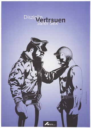 Two muscular men, one of them in uniform disciplining the other, representing the need for safe sex. Colour lithograph after Frost, 199-.