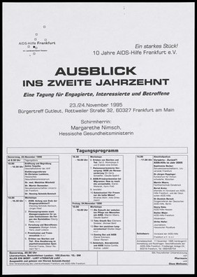 Aids-Hilfe Frankfurt e.V.: workshops, conference and an evening reading to mark its tenth anniversary. Lithograph, 1995.