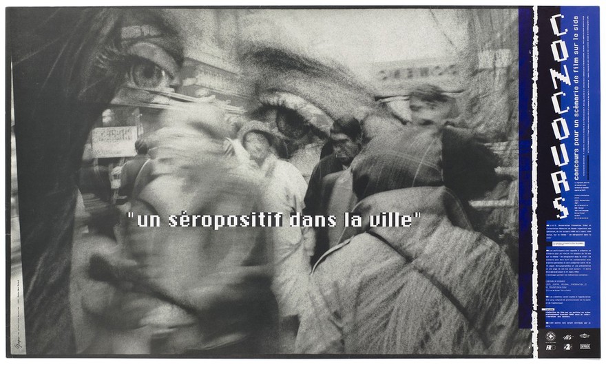 A face bearing a blurred bustling street scene; representing an an HIV positive person in the city. Colour lithograph by Marc Petaud, 1989, for CRIPS (Centre Régional d'Information et de Prévention du SIDA).