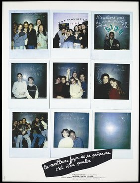 A sequence of instant colour photographs of fifteen year old students from the Collège les Toulouses against blackboards bearing messages relating to AIDS awareness; one of a series of posters representing an advertisement for a competition for posters of images against AIDS. Colour lithograph by the students.