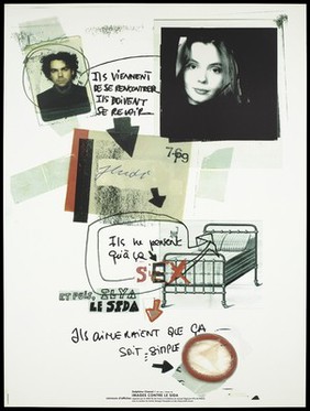 A collage directed by downward arrows of a photograph of a man, a woman, a drawing of a bed and a condom interpersed with lettering relating to a couple who meet but then come into contact with AIDS; one of a series of posters representing an advertisement for a competition for posters of images against AIDS. Colour lithograph by Delphine Chanet.