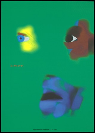 Eyes and mouth of a disjointed face; representing fear of AIDS. Colour silk screen print after M. Quarez, 1993.
