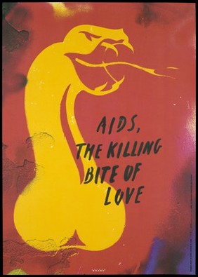 A penis rising in the form of a yellow serpent with a pronged tongue daubed on a rough red wall bearing the graffiti "AIDS, the killing bit of love"; representing the danger of sexual transmission of AIDS. Colour silk screen print after Anthon Beeke, 1993.