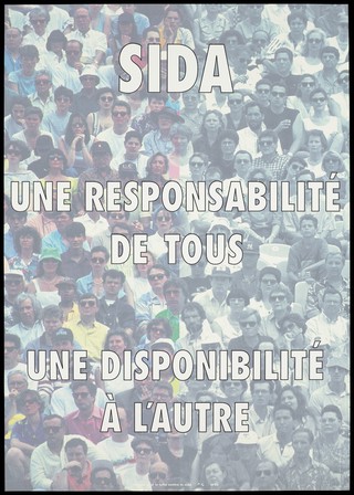 A hazy crowd of people in colours on the left and in black and white on the right; representing "AIDS, a responsibility of all, a consideration for others". Colour silk screen print after A. Muntadas and J. Rabascall, 1993.
