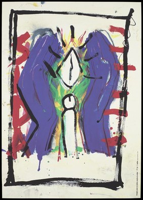 A vertical penis shaped form heads towards a vagina shaped form between two blue markings within a black border; an artist's representation of AIDS. Colour silk screen print after Paul Brühwiler, 1993.