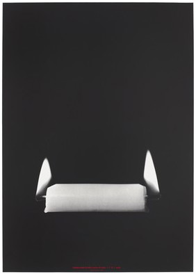 A candle burning at both ends representing the effect of AIDS. Colour silk screen print after A. Jaar, 1993.