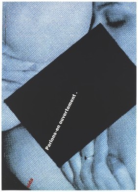 A woman's hand and face in textured fabric partially obscured by a black square as if concealing an indecent act; the square saying "AIDS - let's talk about it openly". Colour silk screen print after Uwe Loesch, 1993.