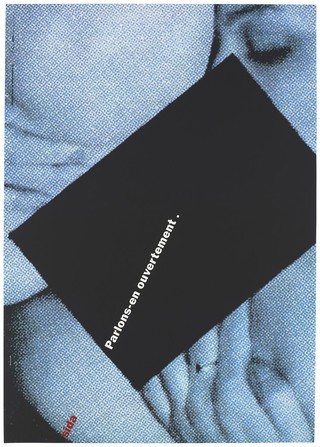 A woman's hand and face in textured fabric partially obscured by a black square as if concealing an indecent act; the square saying "AIDS - let's talk about it openly". Colour silk screen print after Uwe Loesch, 1993.